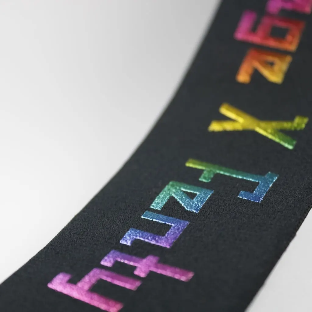 Close-up of multicolor printed elastic band showing vibrant patterns