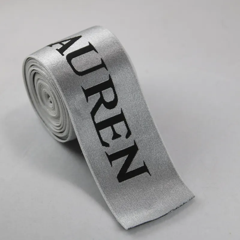 Detail of elastic band showing clear lettering and shiny texture