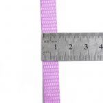 Light purple woven webbing strap laid across a metal ruler on a white surface, showing its width