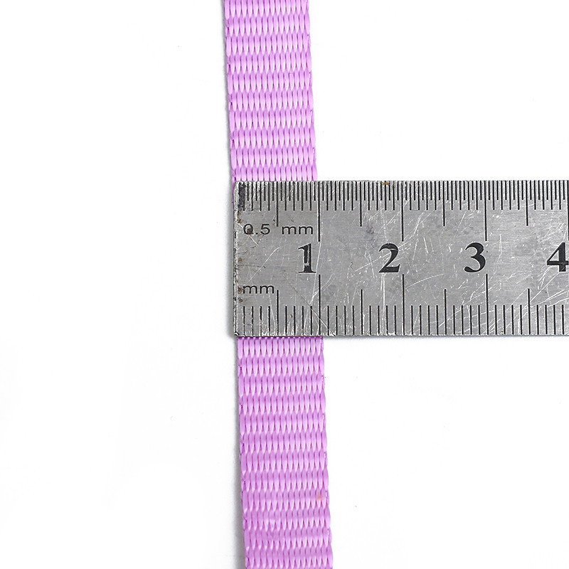 Light purple woven webbing strap laid across a metal ruler on a white surface, showing its width
